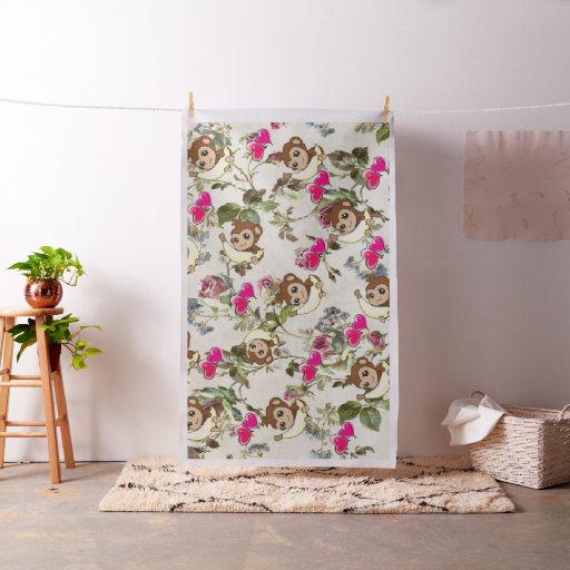 Monkeys Bananas Pink Hearts Floral  Fabric