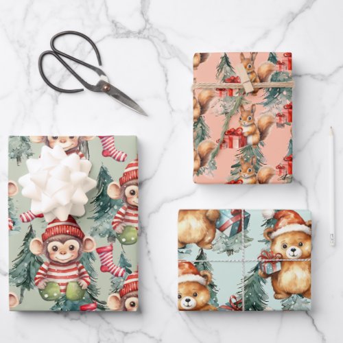 Monkeys Bears and Squirrels for Christmas Wrapping Paper Sheets