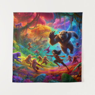 Monkeys Chasing a Child in a Colorful Jungle Tapestry