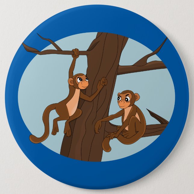 Monkeys climbing the tree cartoon button (Front)