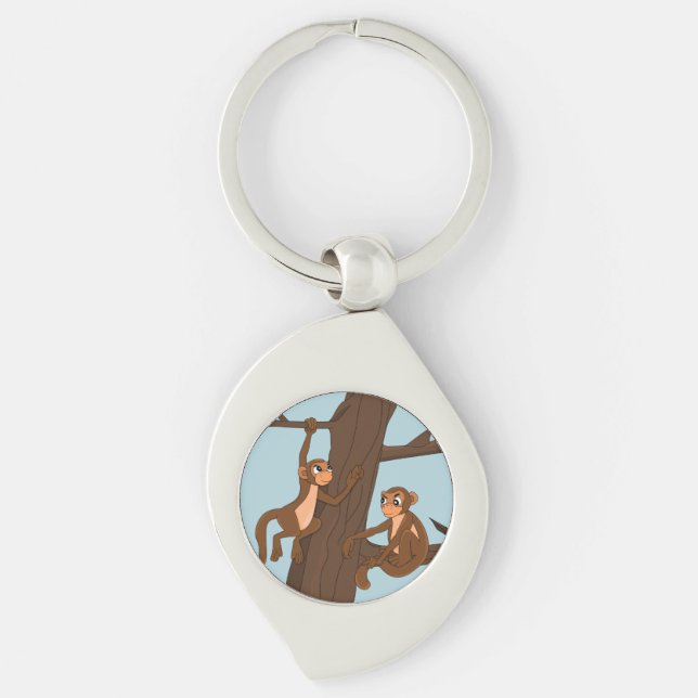 Monkeys climbing the tree cartoon keychain (Front)