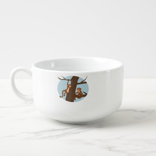 Monkeys climbing the tree cartoon soup mug (Right)