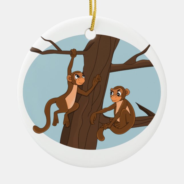 Monkeys climbing the tree  ceramic ornament (Front)
