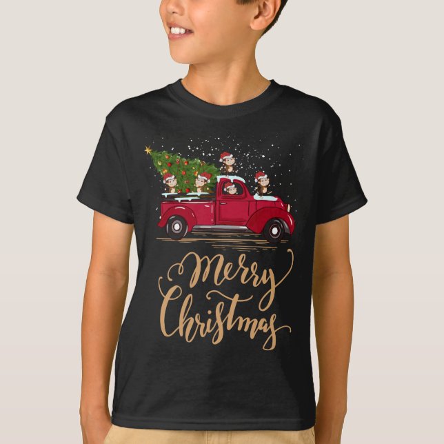 Monkeys Driving Christmas Tree Truck Monkey Christ T-Shirt (Front)