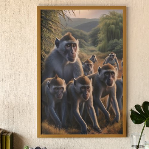 Monkeys Majestically Admiring Lush Green Field Poster