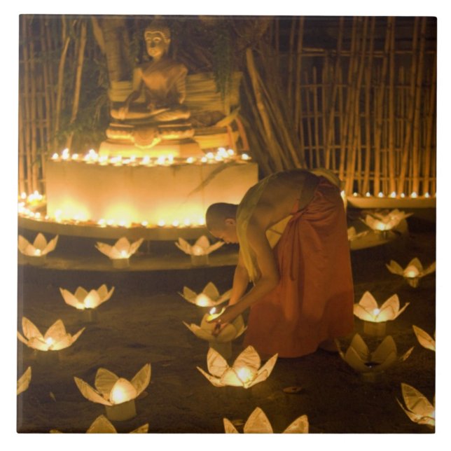 Monks lighting khom loy candles and lanterns for ceramic tile (Front)