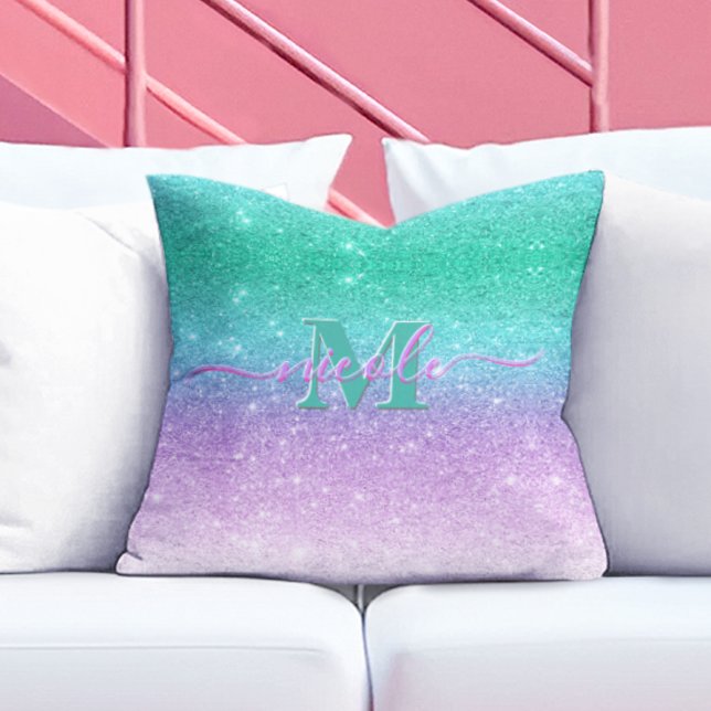 Monnogram Name Mermaid Ombre Glitter Throw Pillow (Creator Uploaded)
