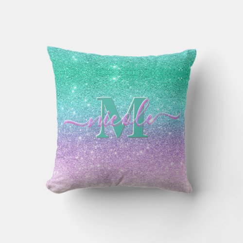 Monnogram Name Mermaid Ombre Glitter Throw Pillow
