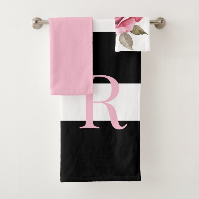 Monnogram Pink Floral and black Bath Towel Set (Insitu)