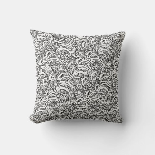 Mono black white paisley pattern ink pillow