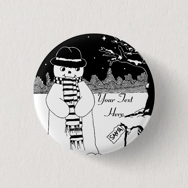mono cchrome picture of cute snowman for christmas button (Front)