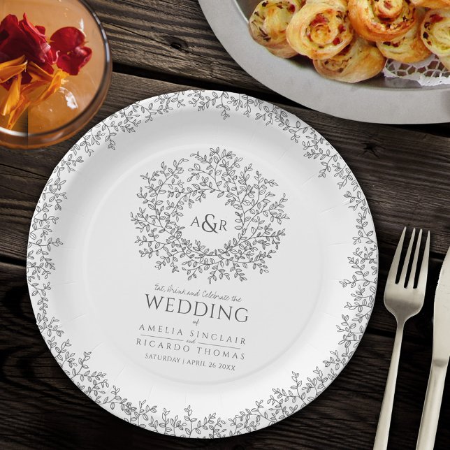 mono circle leaf drawing monogram wedding paper plates (Creator Uploaded)