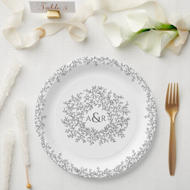 Mono gray white circle leaf art monogram wedding paper plates (Wedding)