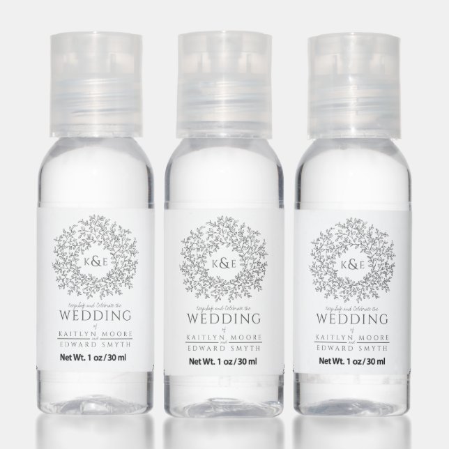 Mono hand drawn leaf monogram art wedding favor sanitizer (Set)