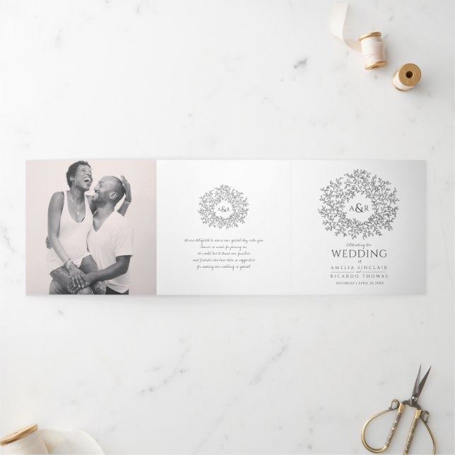  Mono monogram art story dedication wedding photo Tri-Fold Program (Outside)