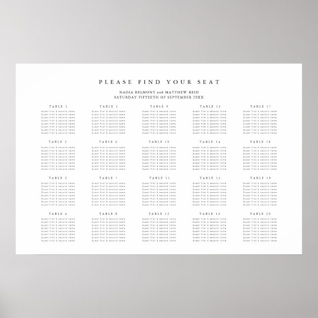 Mono simple wedding 20 table seating chart (Front)