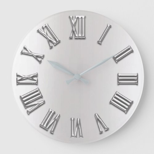 Monochrom Gray Metallic Grey Silver Roman Number Large Clock