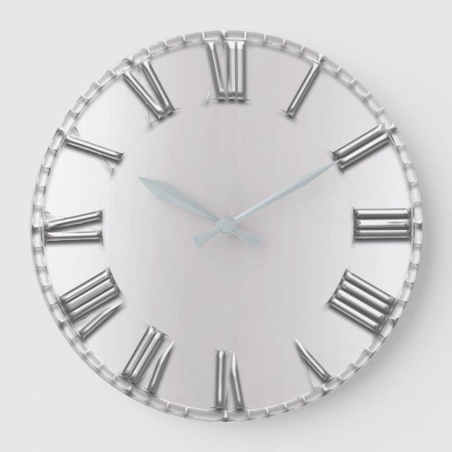 Monochrom Gray Metallic Grey Silver Roman Numbers Large Clock (Front)