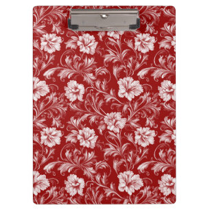 Monochromatic Baroque Floral Pattern, White on Red Clipboard