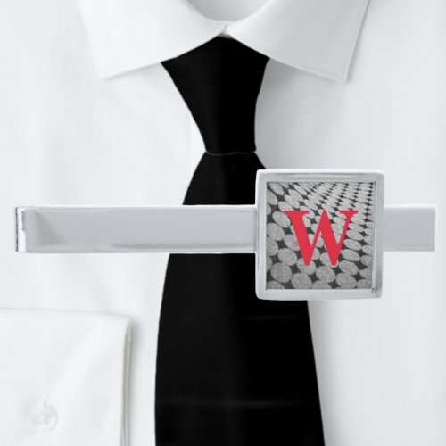 Monochromatic Black and Gray Red Monogram Silver Finish Tie Bar