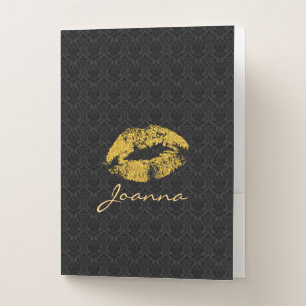 Monochromatic Black Damask Gold Lips Pocket Folder