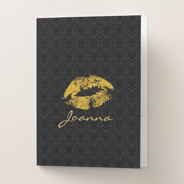 Monochromatic Black Damask Gold Lips Pocket Folder (Front)