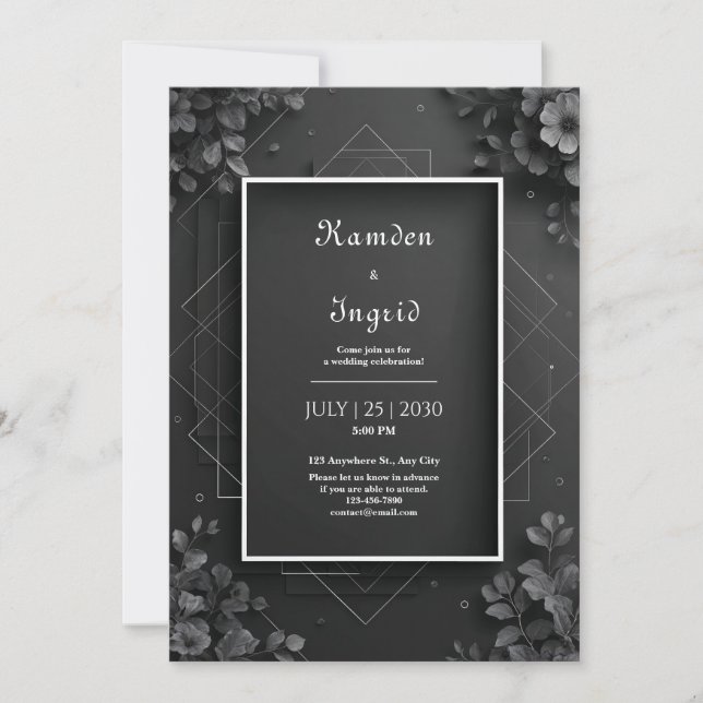 Monochromatic Black Floral Geometric Wedding Invitation (Front)