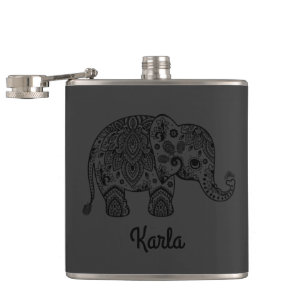 Monochromatic Black Retro Paisley Elephant Hip Flask