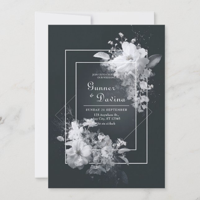 Monochromatic Black White Floral Geometric Wedding Invitation (Front)