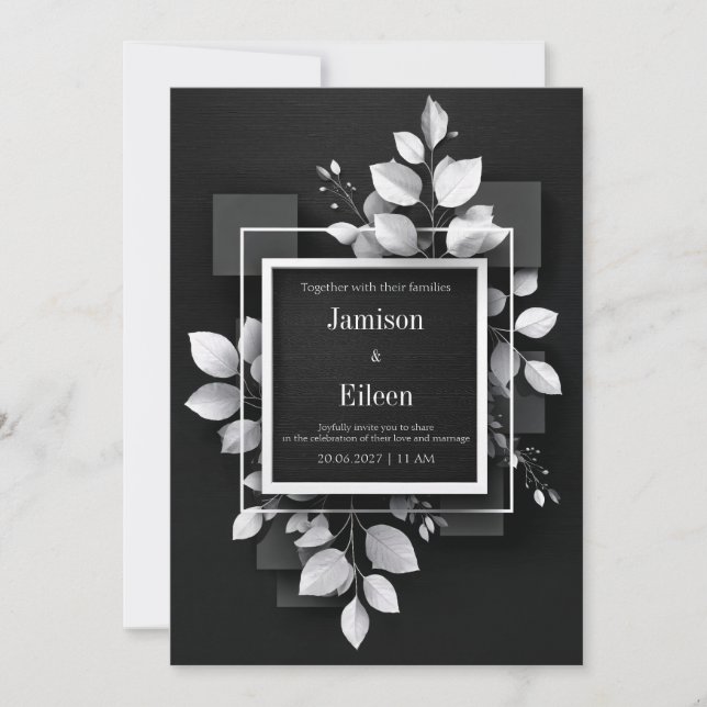 Monochromatic Black White Leaf Geometric Wedding Invitation (Front)