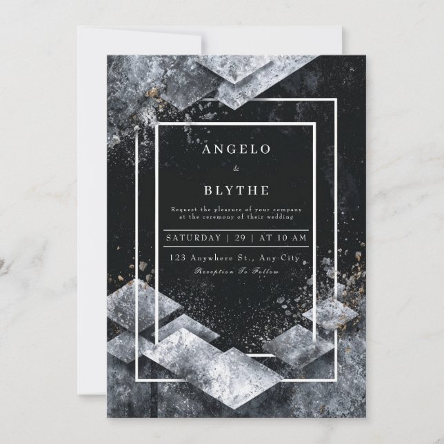 Monochromatic Black White Marble Diamond Geometric Invitation (Front)