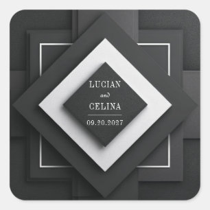 Monochromatic Black White Textured Diamond Wedding Square Sticker