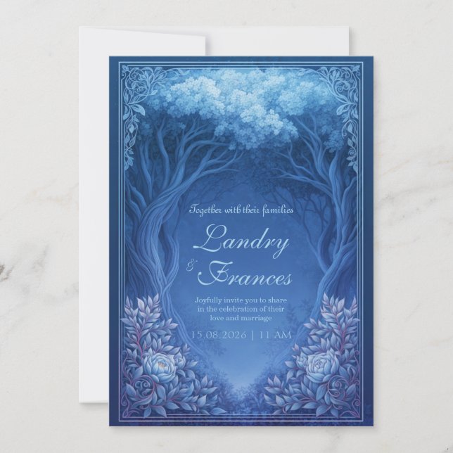 Monochromatic Blue Enchanted Forest Wedding Invitation (Front)
