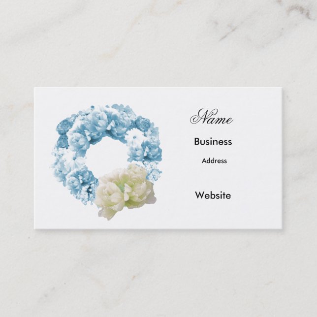 Monochromatic Blue Floral Wreath Business Card (Front)