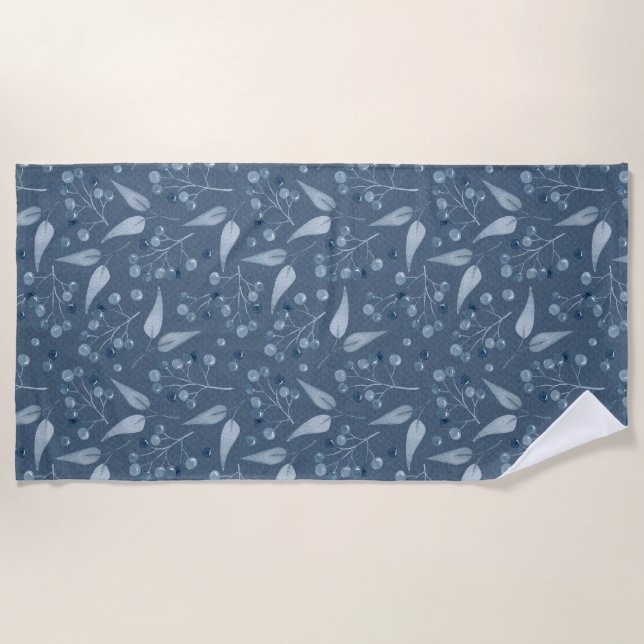 Monochromatic Blue-Gray Leafs & Berries Pattern Beach Towel (Front)