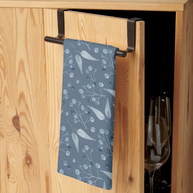 Monochromatic Blue-Gray Leafs & Berries Pattern Kitchen Towel (Thirds Fold)