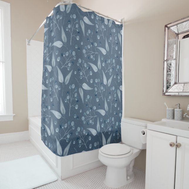 Monochromatic Blue-Gray Leafs & Berries Pattern Shower Curtain (In Situ)