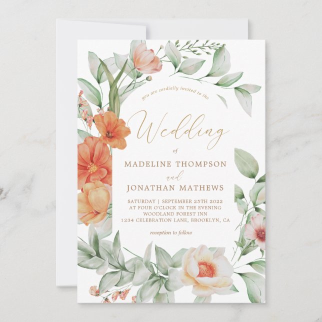 Monochromatic Boho Floral Champagne Gold Wedding Invitation (Front)