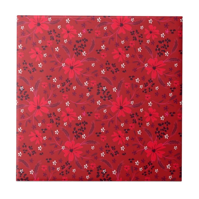 Monochromatic bright red retro floral pattern. ceramic tile (Front)