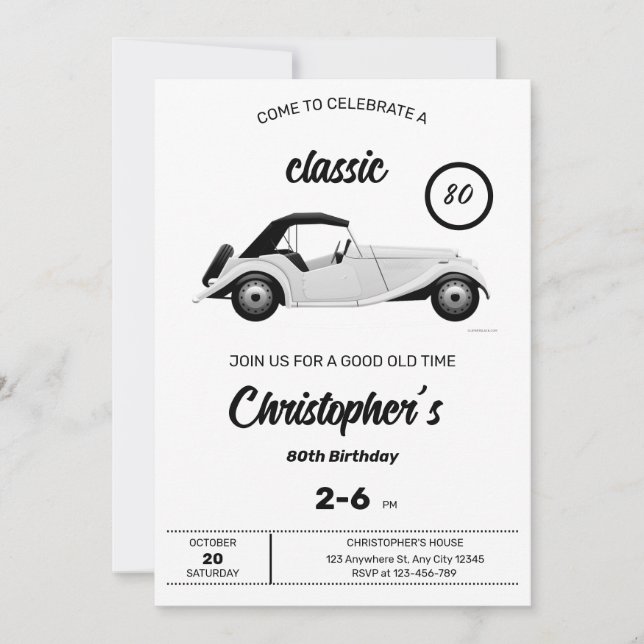Monochromatic Classic Car Birthday Invitation (Front)