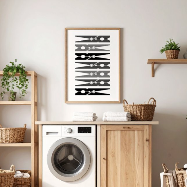 Monochromatic Clothes Pins Laundry Room Art Poster (monochromatic black, gray and white modern graphic clothes pins art for a fun laundry room)