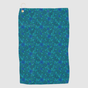 Monochromatic dark turquoise blue retro floral golf towel