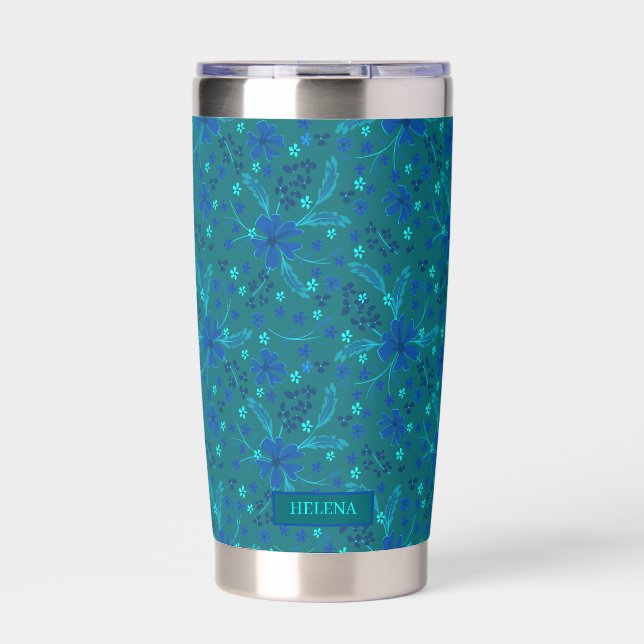 Monochromatic dark turquoise blue retro floral  insulated tumbler (Front)