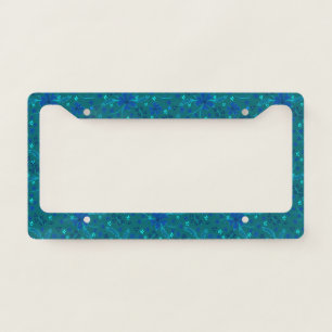 Monochromatic dark turquoise blue retro floral license plate frame