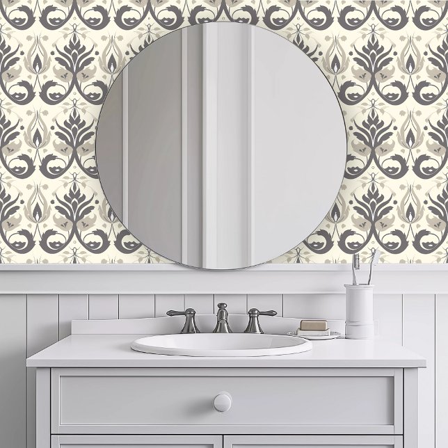 Monochromatic Dusty French Wallpaper (Monochromatic Dusty French Wallpaper in a white bathroom.)