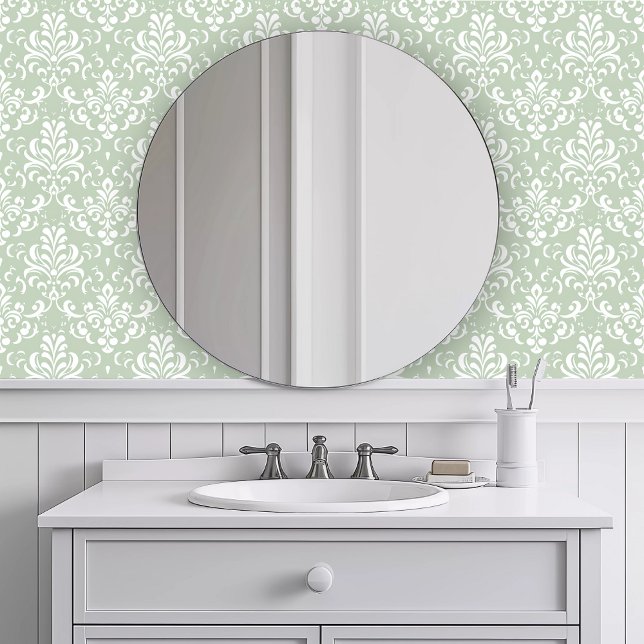 Monochromatic Elegant Green Wallpaper (Monochromatic Elegant Green Wallpaper in a white bathroom.)