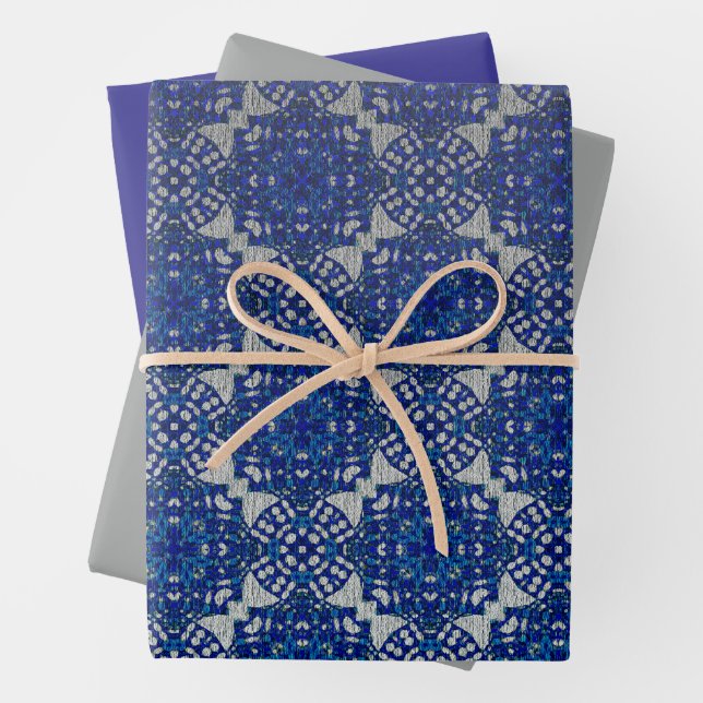 Monochromatic Faux Blue Grey Design Wrapping Paper Sheets (In situ)