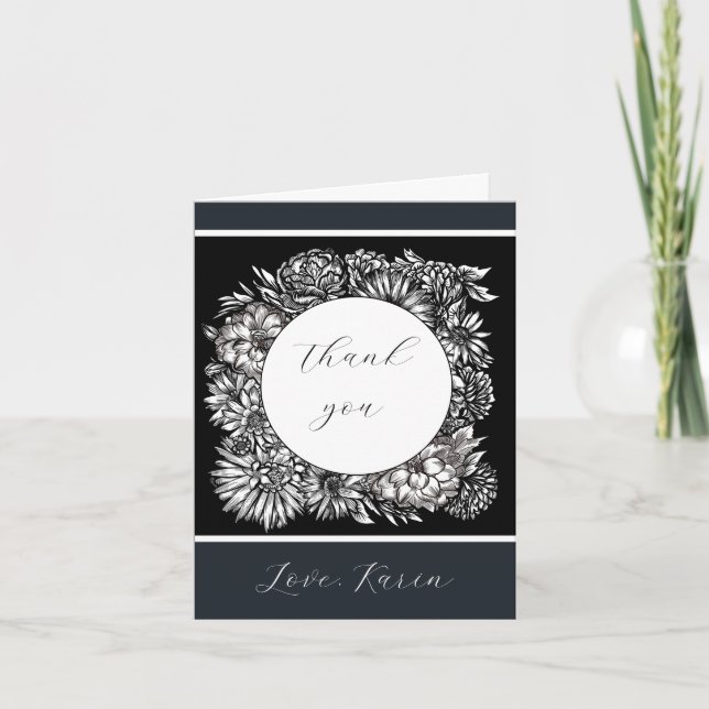 Monochromatic Floral  Letterpress Thank You Card (Front)