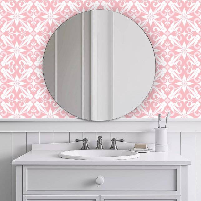 Monochromatic Geometric Pink Wallpaper (Monochromatic Geometric Pink Wallpaper in a bathroom.)