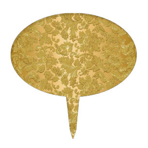 Monochromatic Gold Vintage Floral Damasks Cake Topper